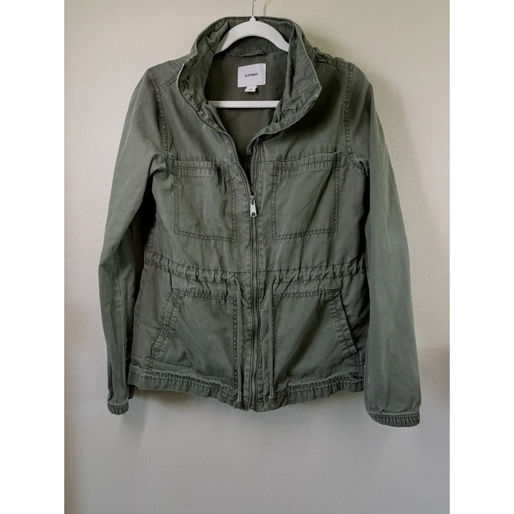 Old Navy Womens Green Canvas Utility Jacket Cinch Waist Full Zip Size Medium‎